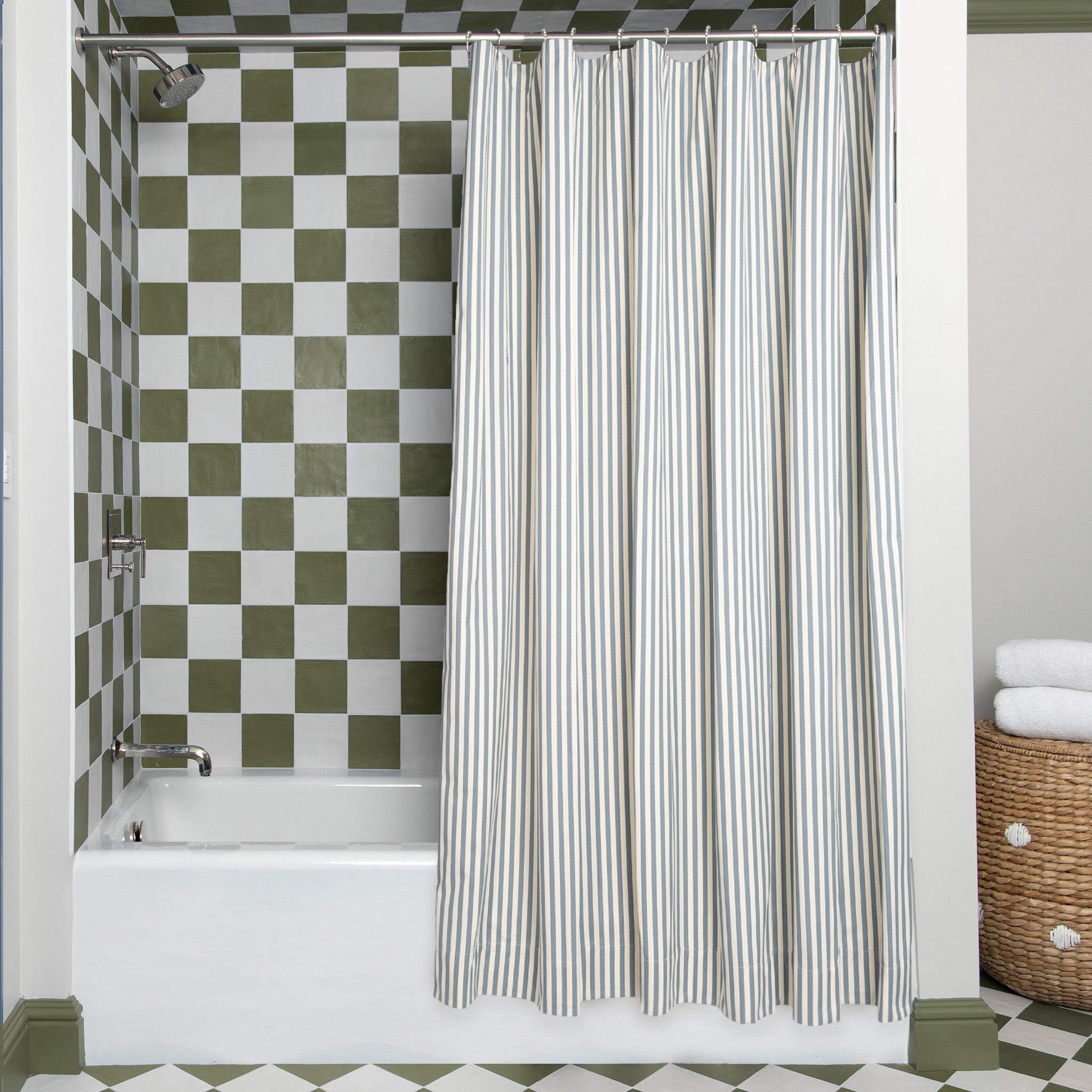 Louisa Harbor Unlined custom shower curtain in a stylish bathroom with checkered tiles and modern fixtures by Pepper Home