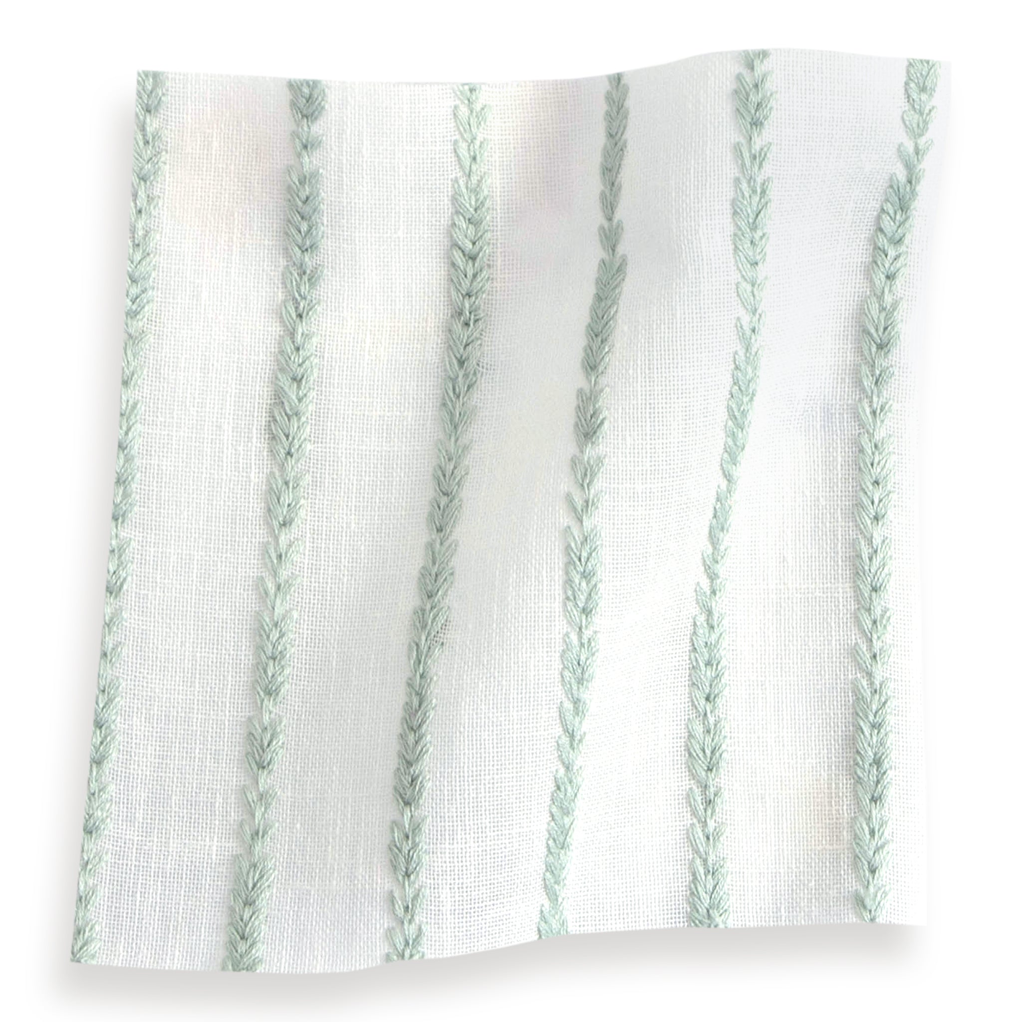 sheer white fabric swatch with embroidered mint green stripes