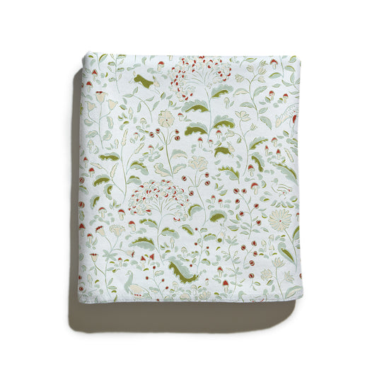 Ruby Moss custom fabric with whimsical woodland and floral motifs by Pepper Home, perfect for custom curtains and elegant décor.