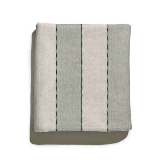 Florence Eucalyptus fabric with bold stripes and soft green hues, perfect for custom Pepper Home curtains and decor.