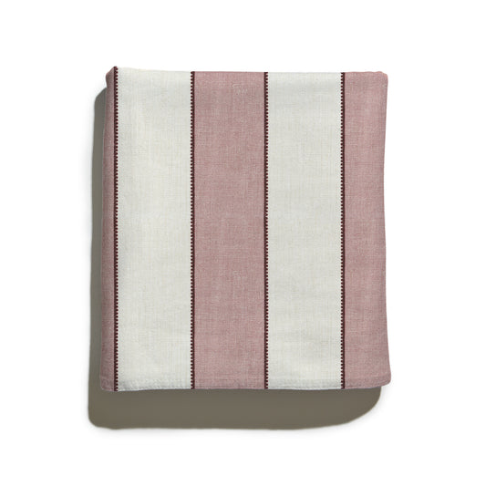 Florence Rosewood custom linen fabric with bold stripes and scalloped border in a warm rosy hue by Pepper Home.