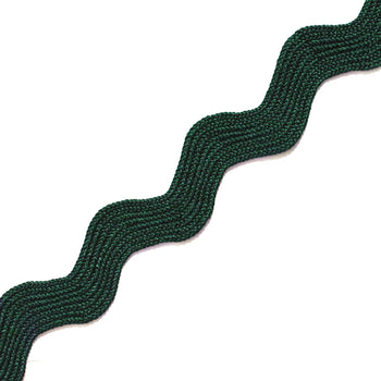 Custom dark emerald green rick rack trim with rich texture, perfect for adding a refined touch to Pepper Home designs.