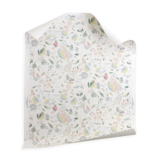 Gemma Pear wallpaper featuring hand-painted whimsical floral and bird pattern by Claire de Quenetain for Pepper Home.