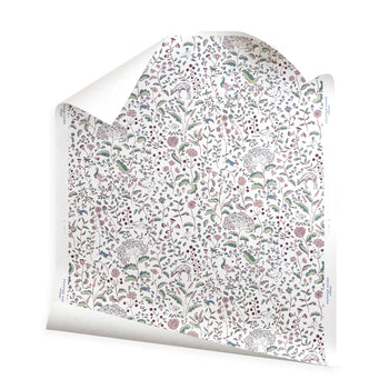 Ruby Burgundy wallpaper roll featuring whimsical woodland creatures and floral motifs by Pepper Home.