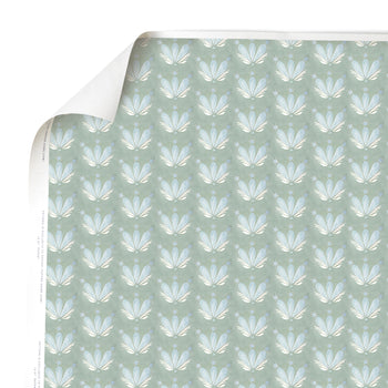 close up of blue and green floral drop repeat wallpaper