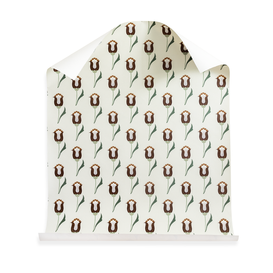 Annabelle Maroon custom botanical wallpaper with maroon floral pattern and forest green leaves on neutral background.