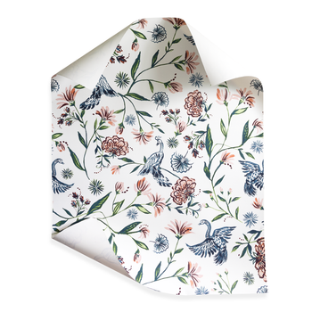 Daphne Cream fabric with majestic peacocks and rose-pink wildflowers on cream for custom Pepper Home curtains.