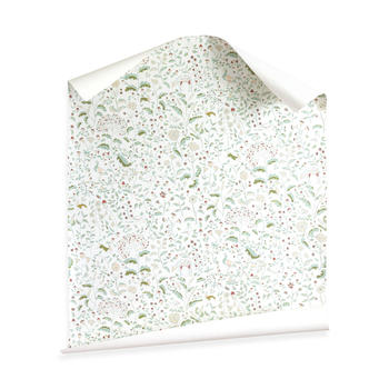 Ruby Moss wallpaper with whimsical woodland creatures and floral motifs for elegant, custom home decor by Pepper Home.