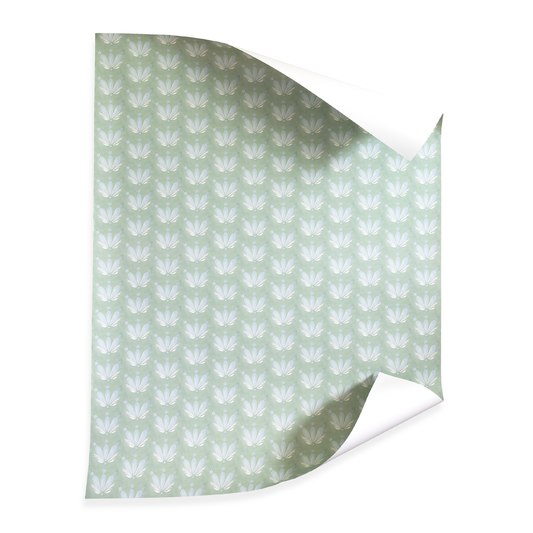 Serena Sea Salt custom fabric with hand-painted floral and seashell design in soft blue and misty sage by Pepper Home.