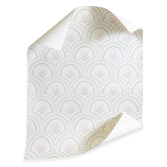 Thatcher Rose custom sheer curtain fabric in soft sage and muted rose with elegant Art Deco fan design.