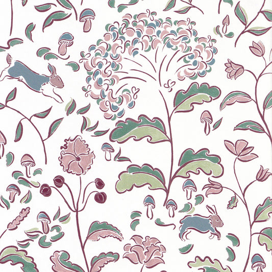 Ruby Burgundy pattern with whimsical woodland creatures and floral motifs, perfect for custom Pepper Home curtains.