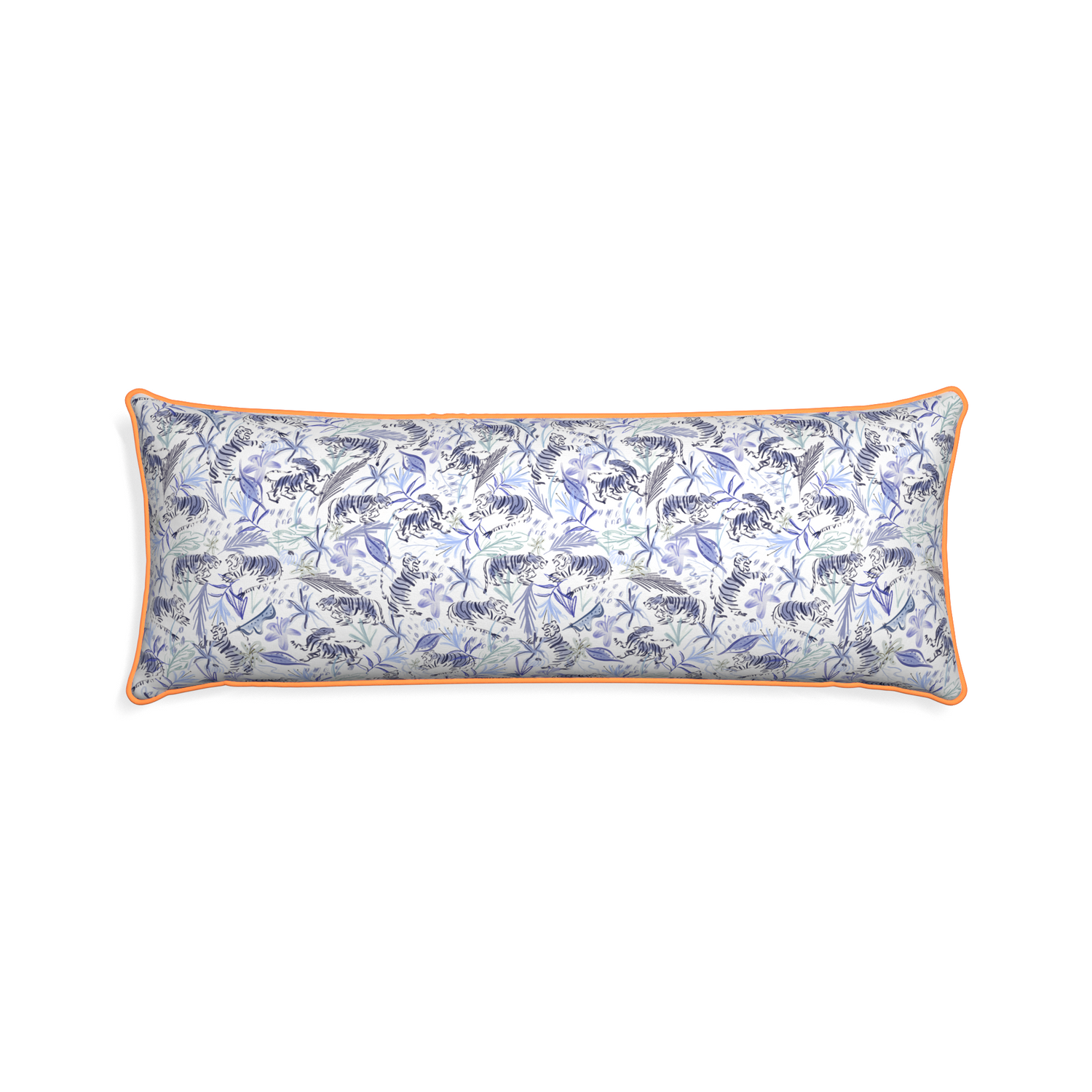 Xl-lumbar frida blue custom blue with intricate tiger designpillow with clementine piping on white background