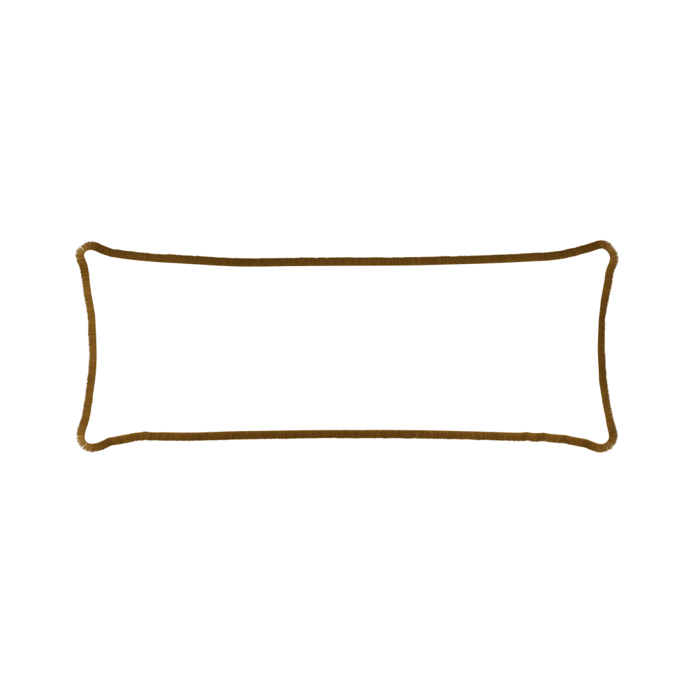 Xl-lumbar ruby moss custom pillow with copper fringe on white background