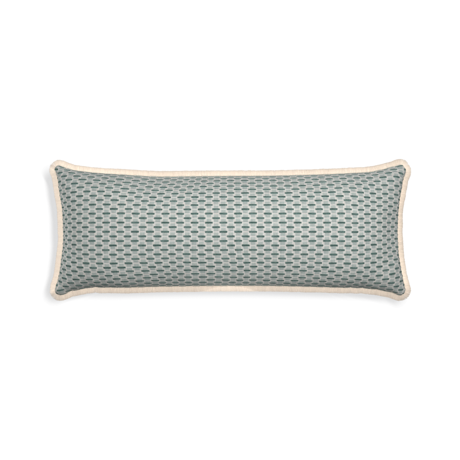 Xl-lumbar willow mint custom green geometric chenillepillow with cream fringe on white background