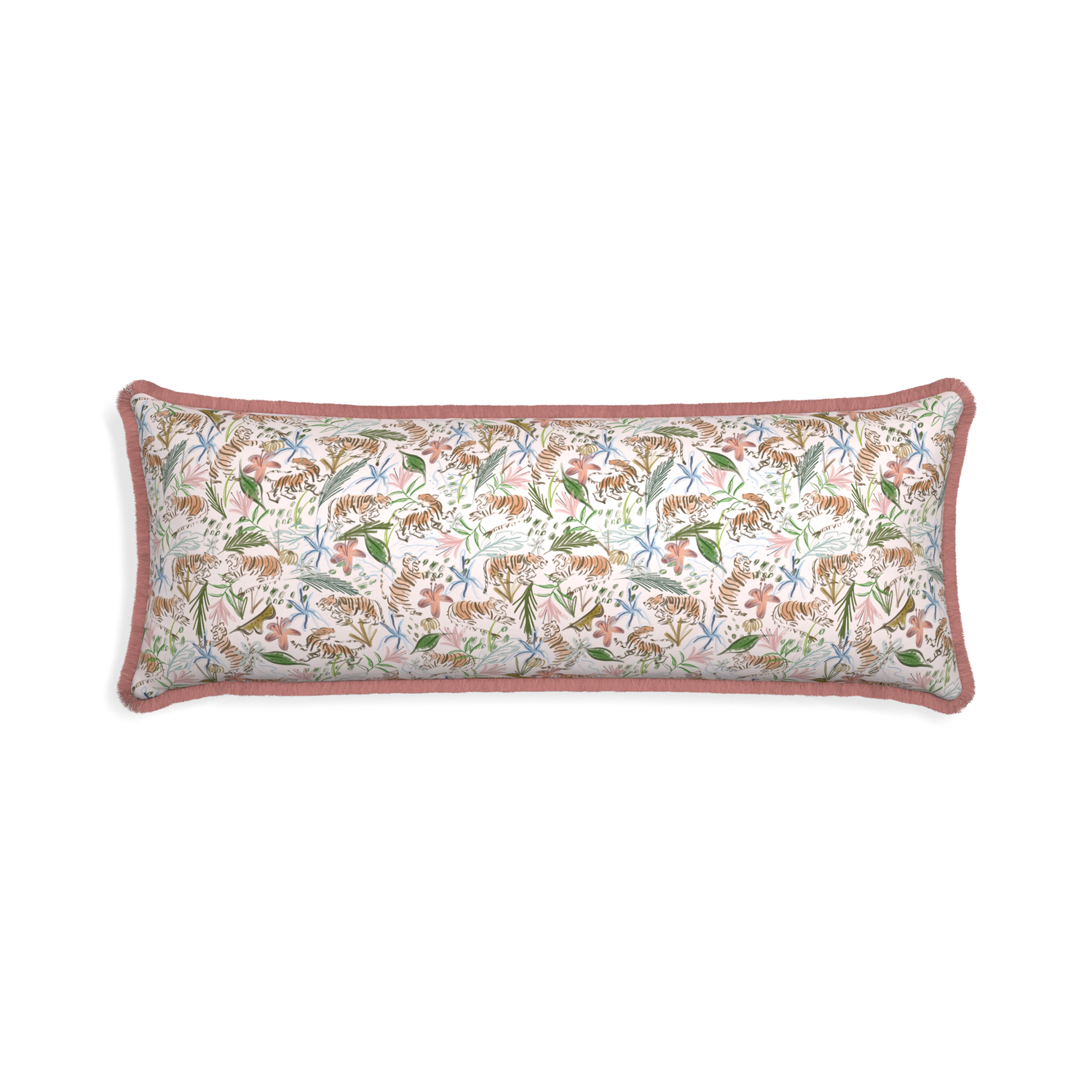 Xl-lumbar frida pink custom pink chinoiserie tigerpillow with d fringe on white background