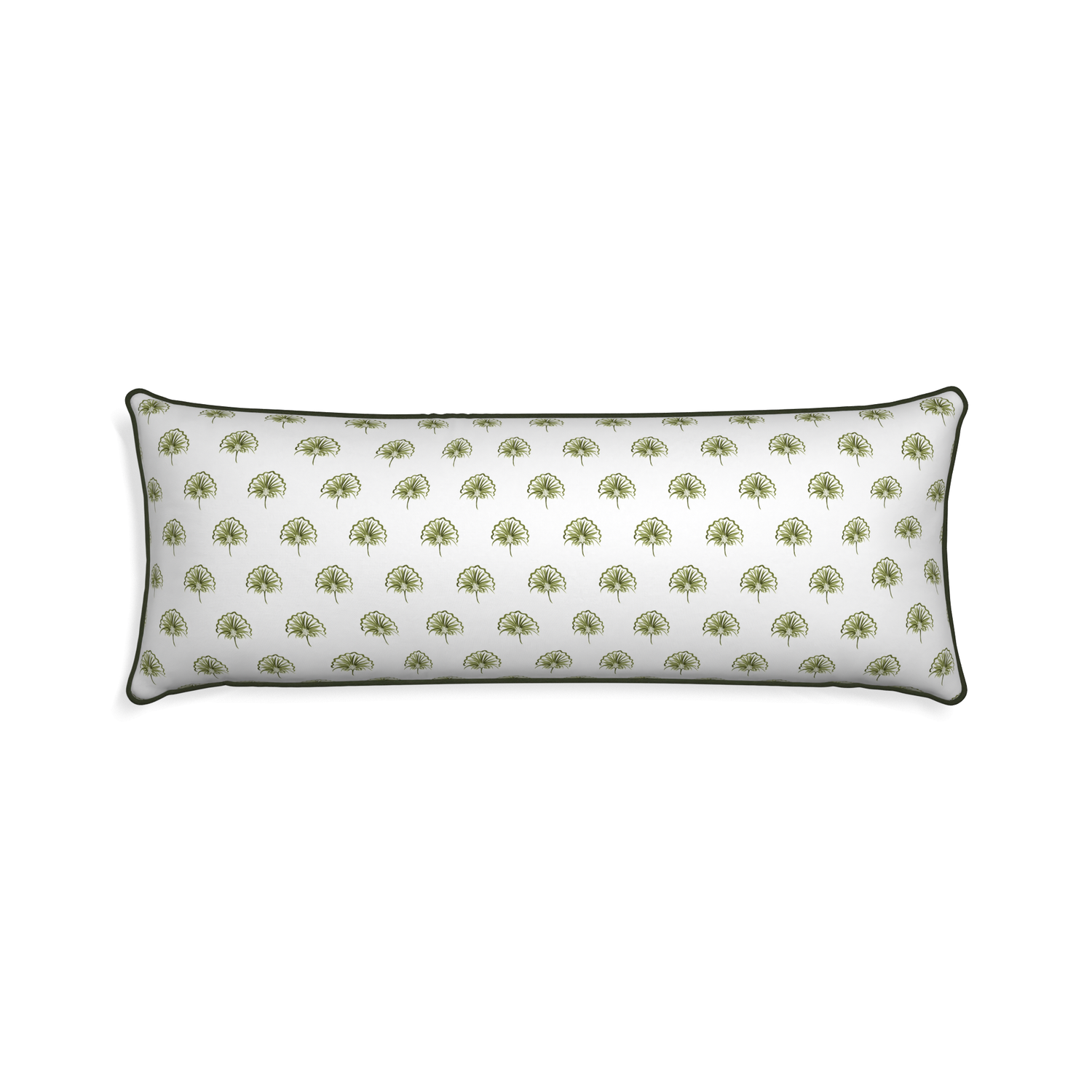 Xl-lumbar penelope moss custom green floralpillow with f piping on white background