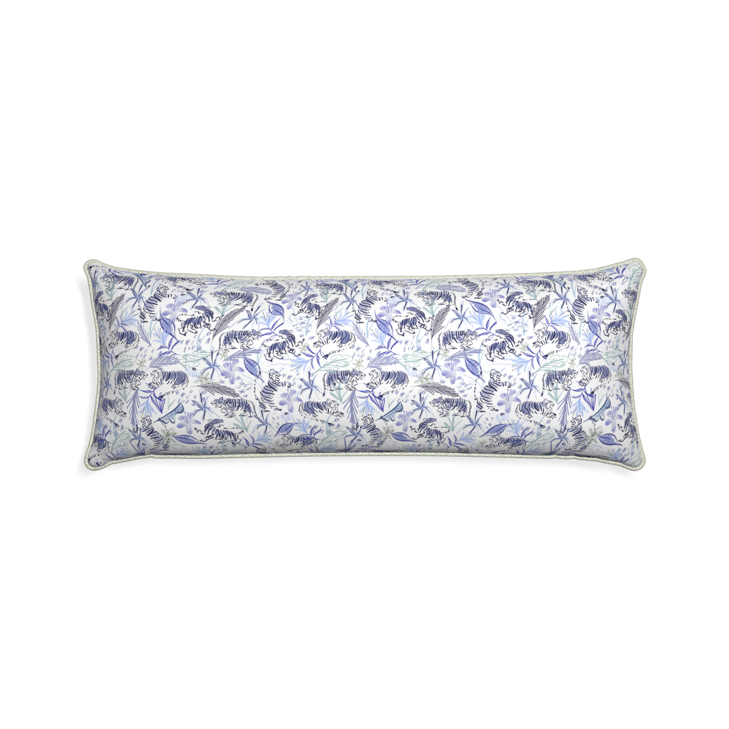 Xl-lumbar frida blue custom blue with intricate tiger designpillow with l piping on white background