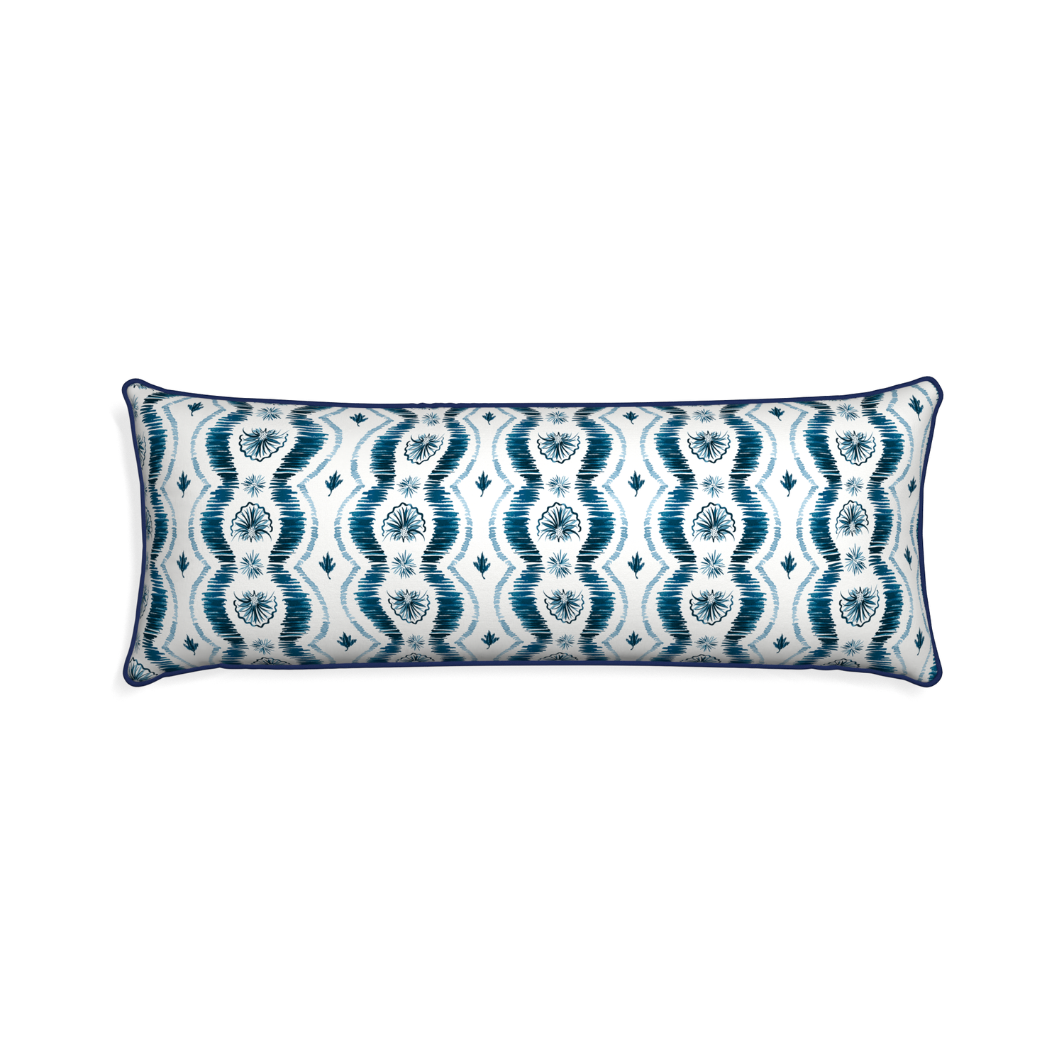 Xl-lumbar alice custom blue ikatpillow with midnight piping on white background