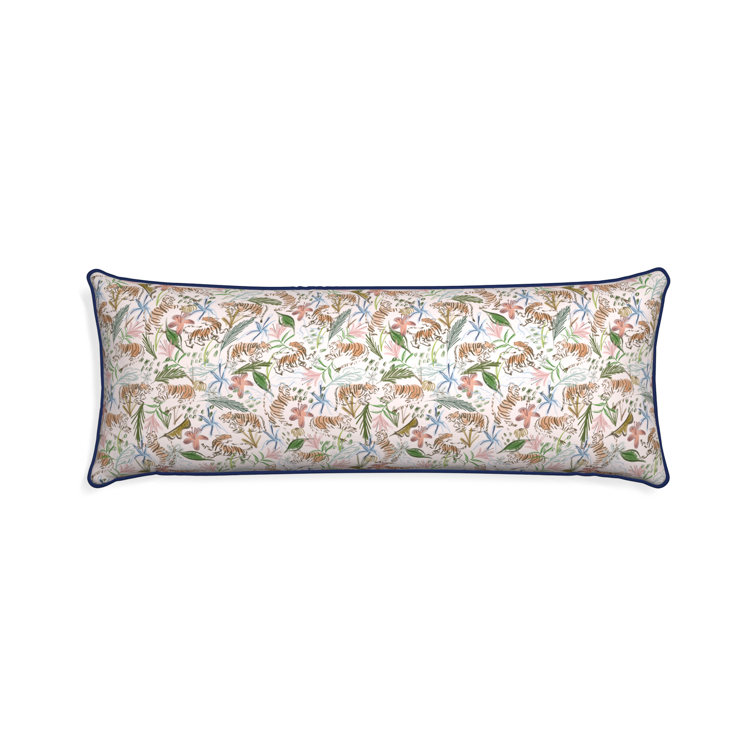 Xl-lumbar frida pink custom pink chinoiserie tigerpillow with midnight piping on white background