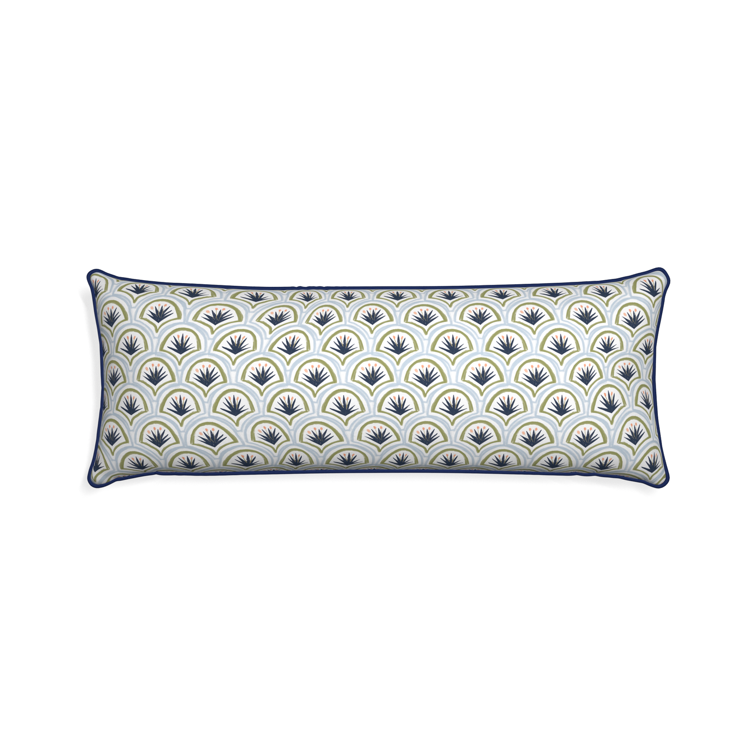 Xl-lumbar thatcher midnight custom art deco palm patternpillow with midnight piping on white background