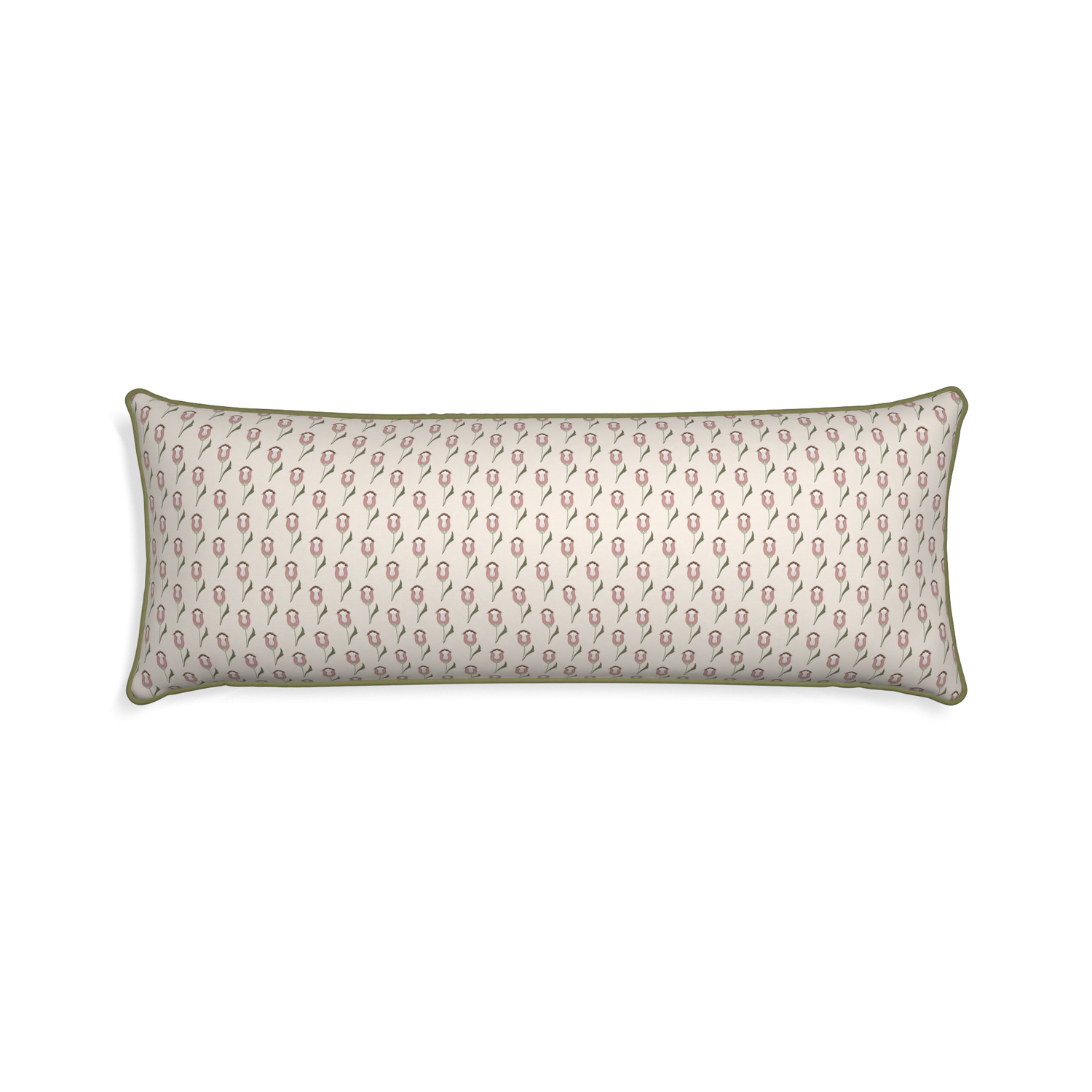 rectangle cream pillow with pink tulips and moss green piping