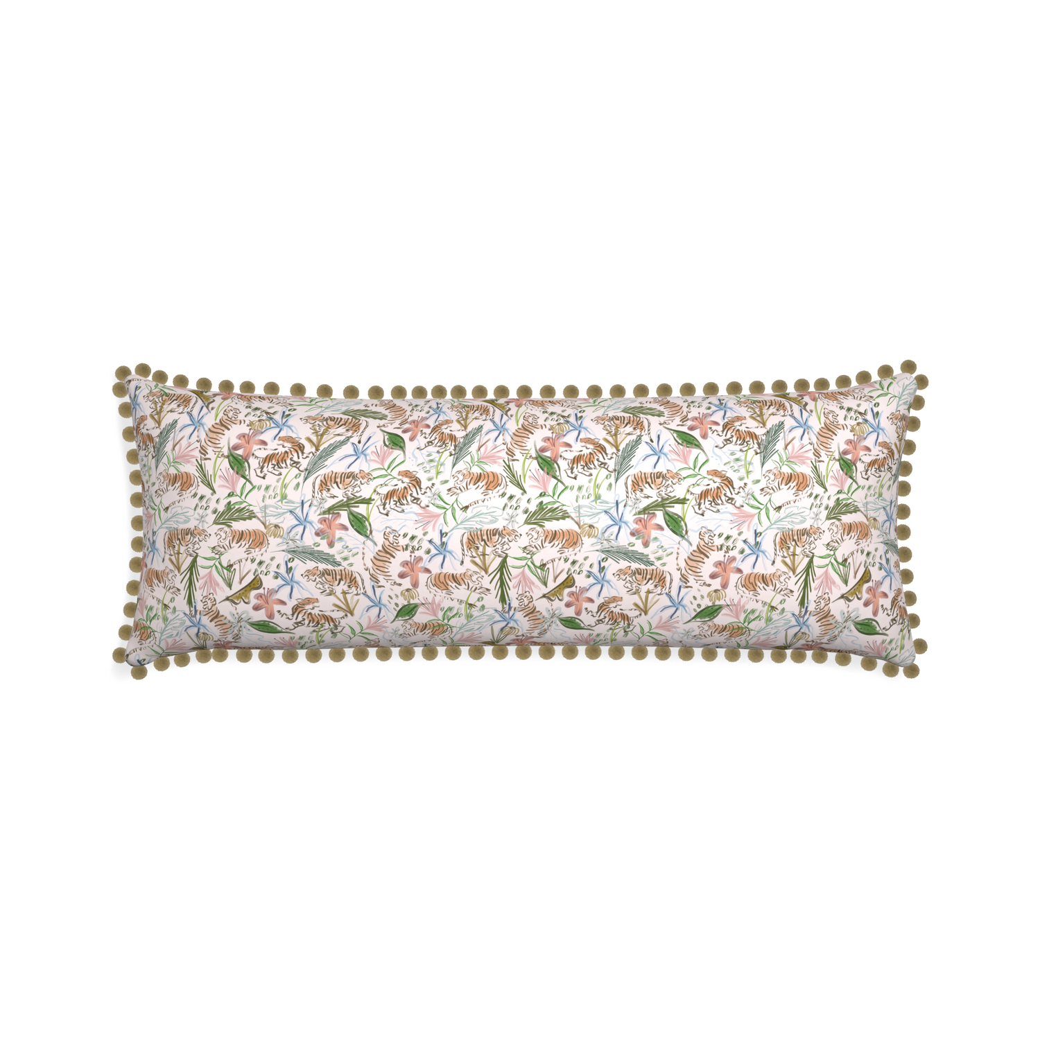 Xl-lumbar frida pink custom pink chinoiserie tigerpillow with olive pom pom on white background
