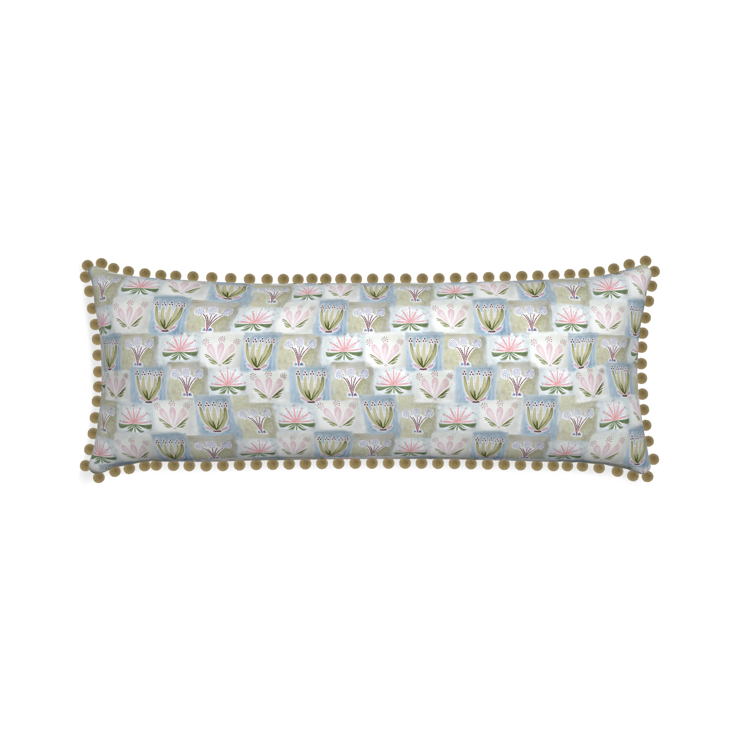 Xl-lumbar harper custom hand-painted floralpillow with olive pom pom on white background