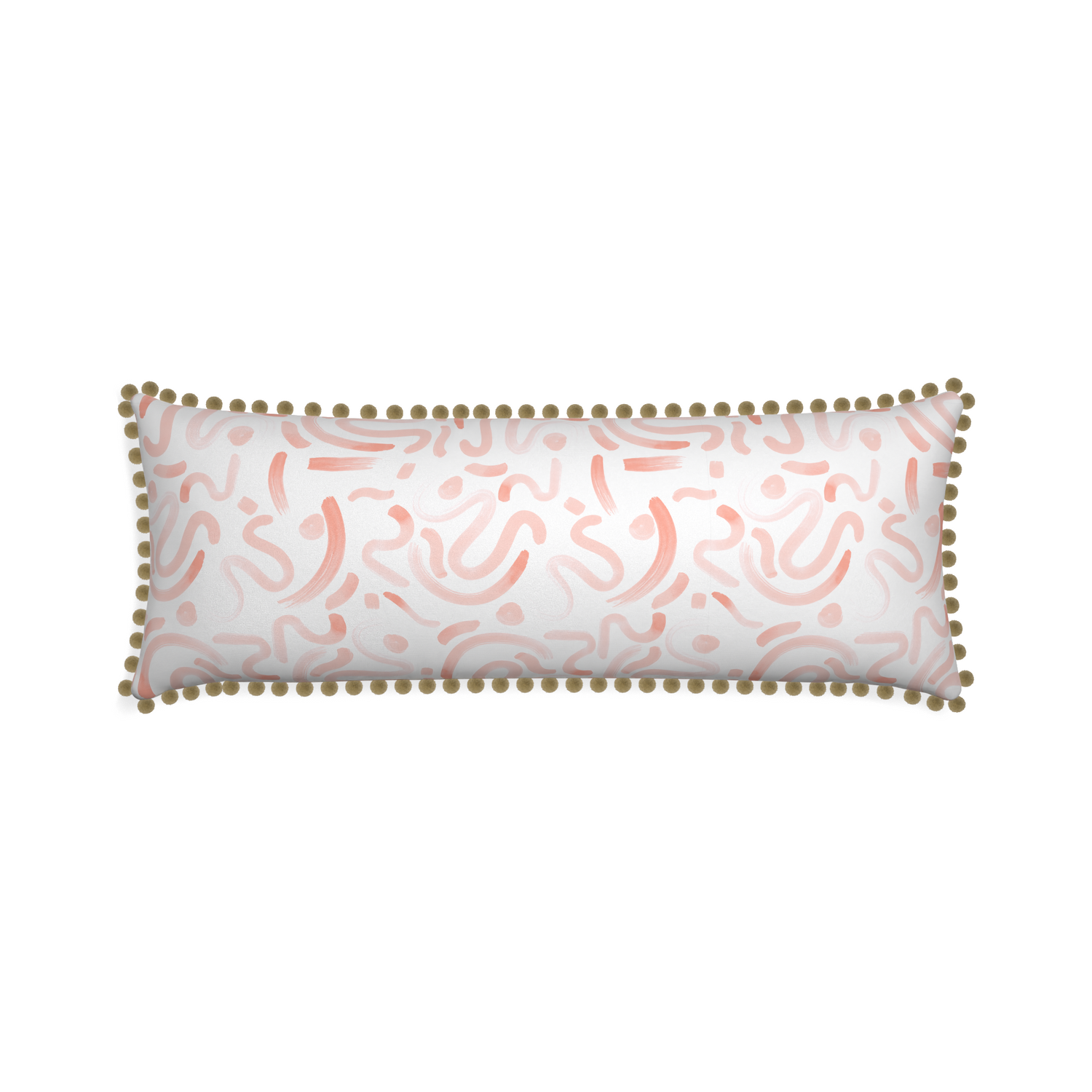Xl-lumbar hockney pink custom pink graphicpillow with olive pom pom on white background