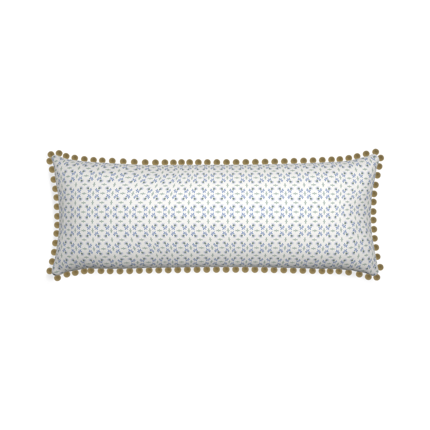 Xl-lumbar lee custom blue & green floralpillow with olive pom pom on white background