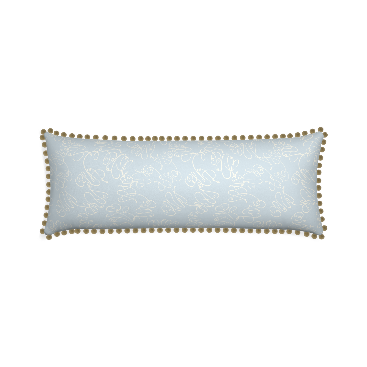 Xl-lumbar mirabella custom powder blue abstractpillow with olive pom pom on white background