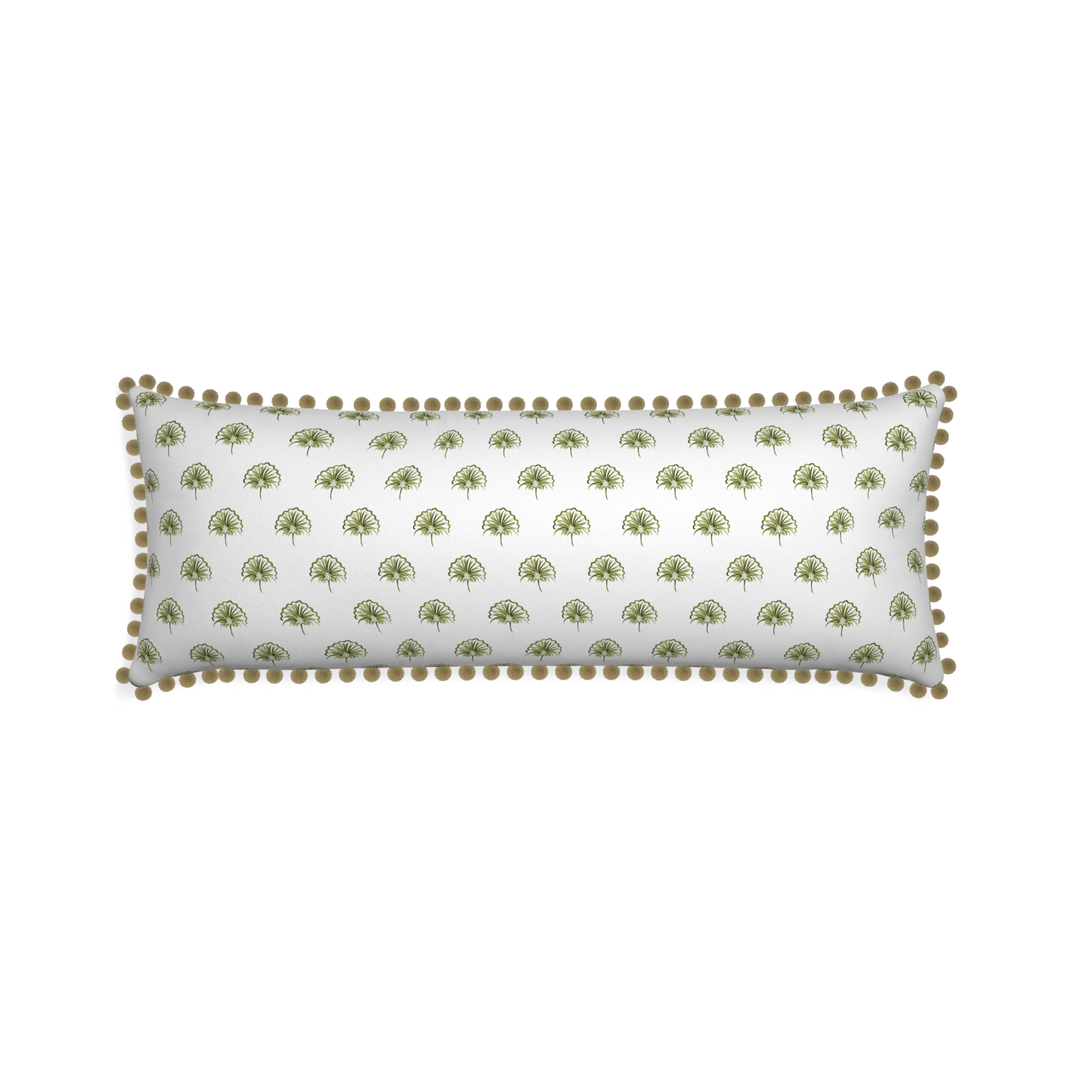 Xl-lumbar penelope moss custom green floralpillow with olive pom pom on white background