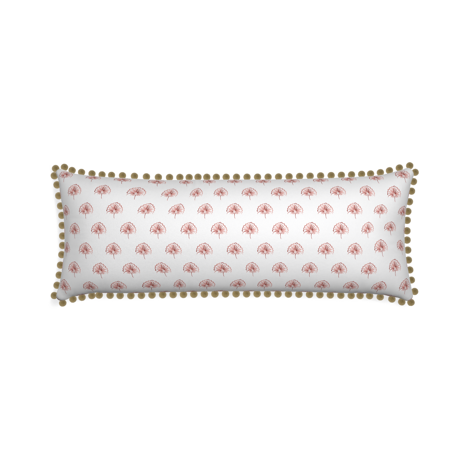Xl-lumbar penelope rose custom floral pinkpillow with olive pom pom on white background