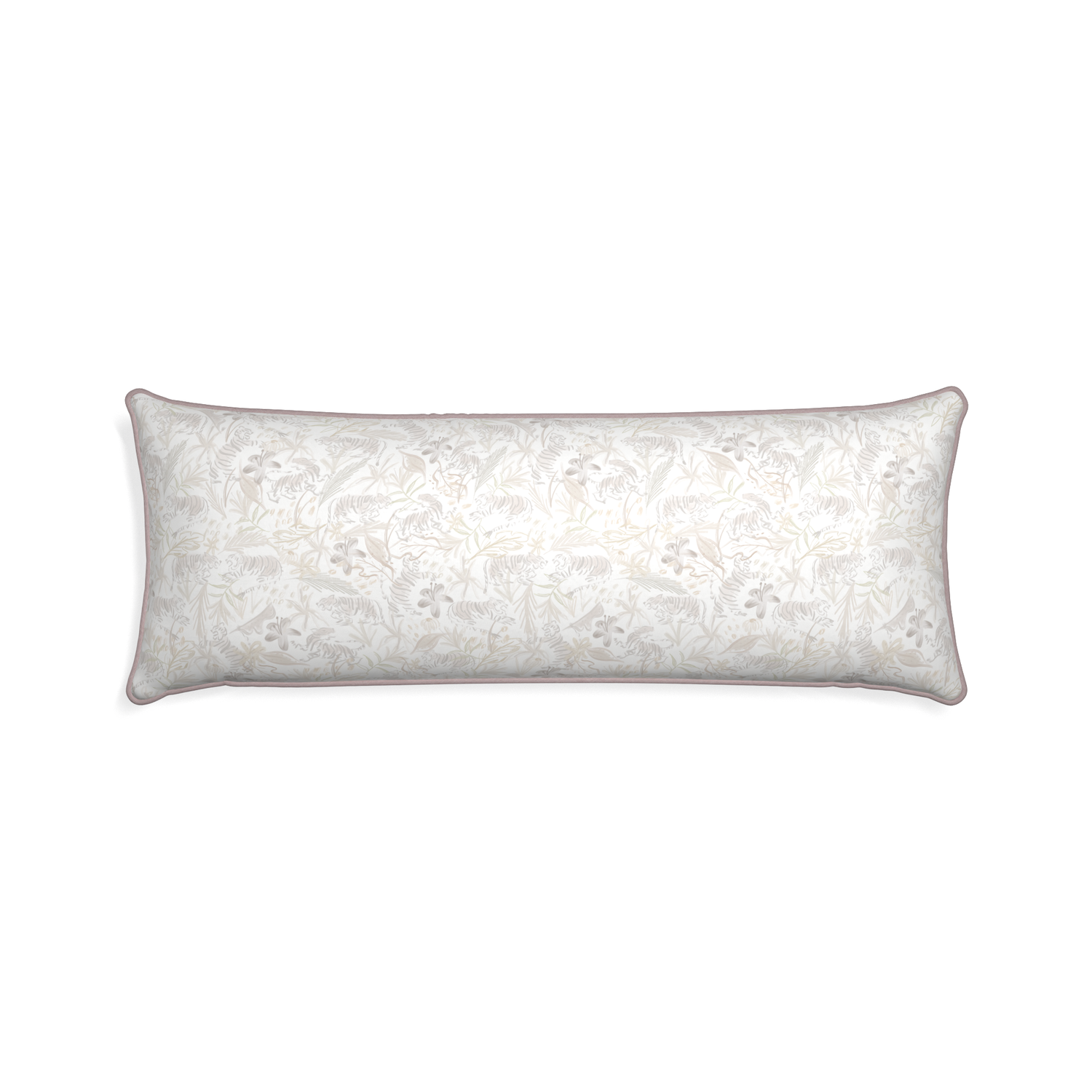 Xl-lumbar frida sand custom beige chinoiserie tigerpillow with orchid piping on white background