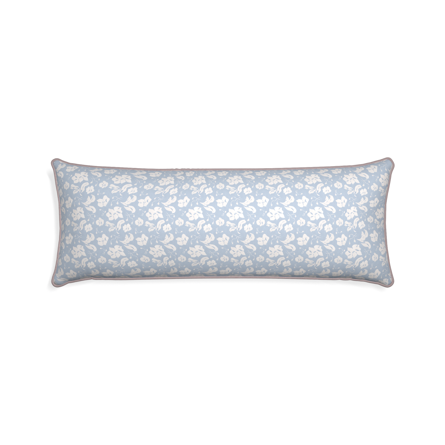 Xl-lumbar georgia custom cornflower blue floralpillow with orchid piping on white background