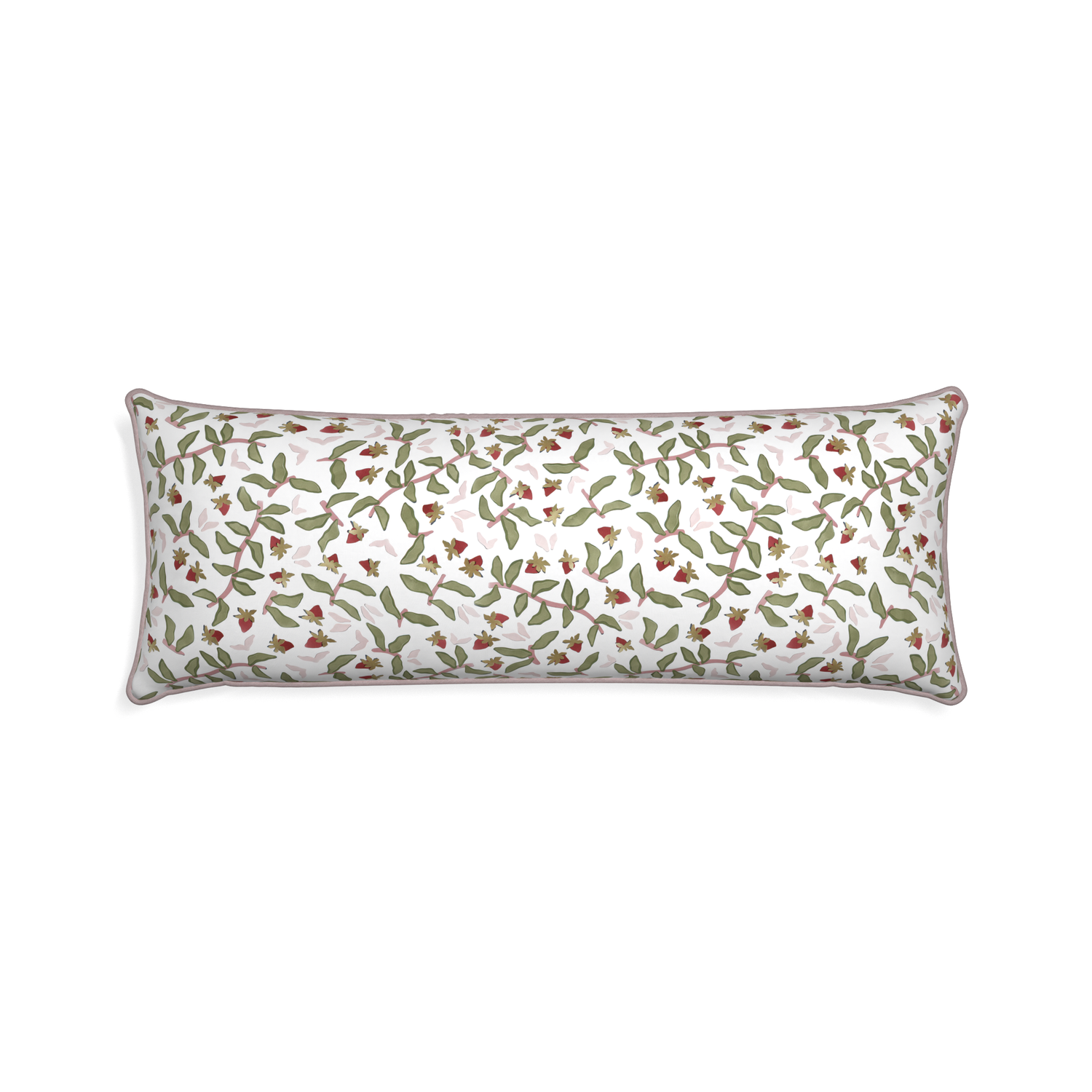 Xl-lumbar nellie custom strawberry & botanicalpillow with orchid piping on white background