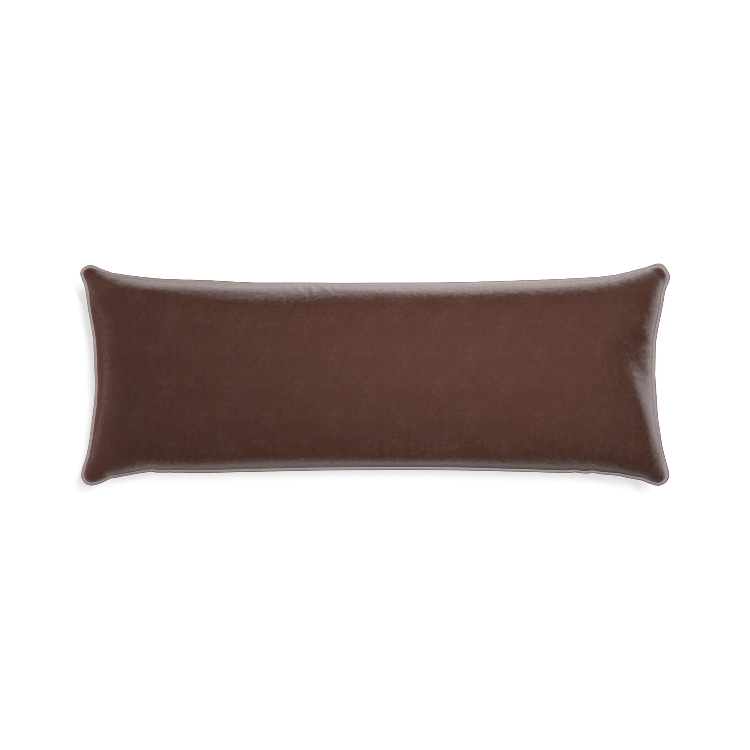 Xl-lumbar walnut velvet custom brownpillow with orchid piping on white background