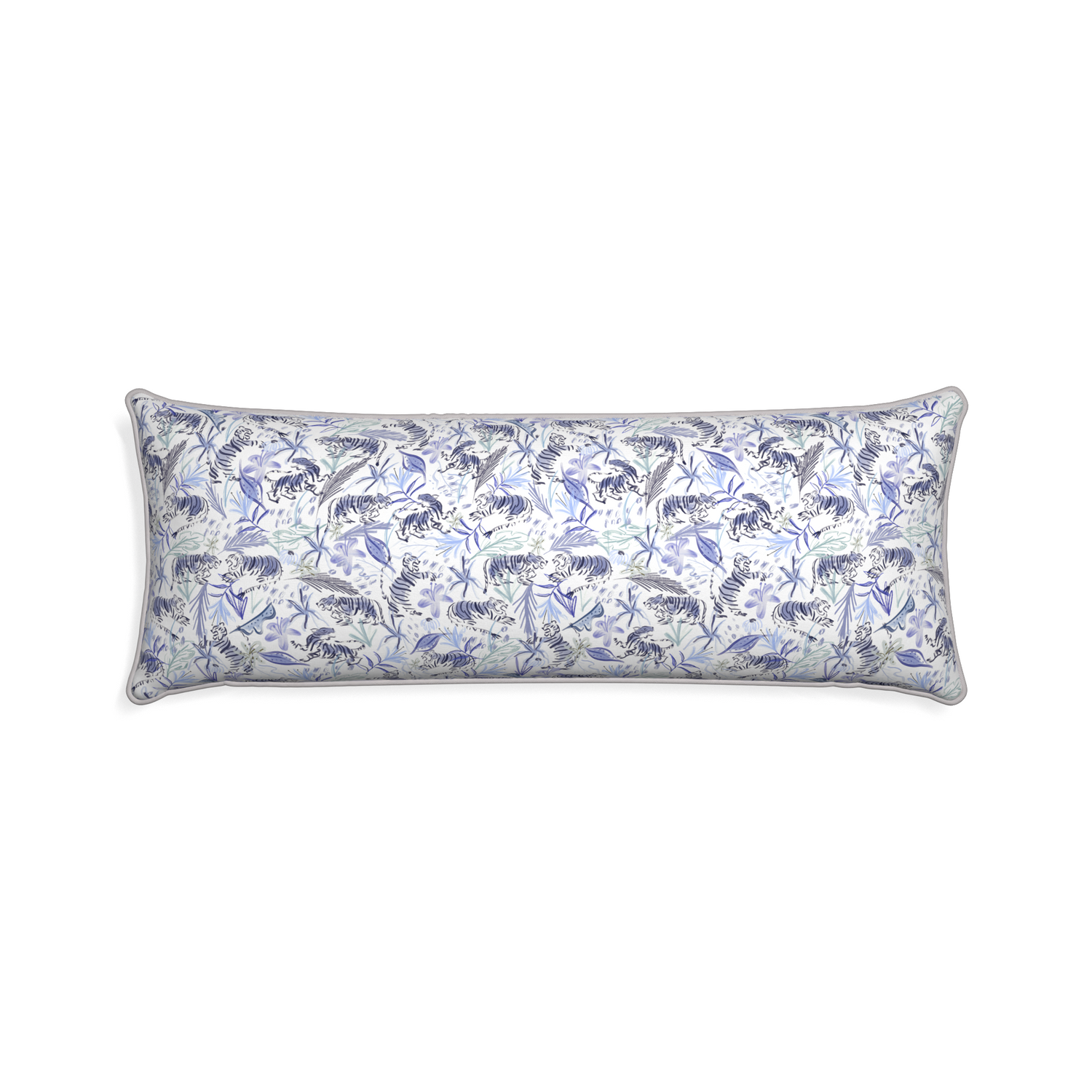 Xl-lumbar frida blue custom blue with intricate tiger designpillow with pebble piping on white background
