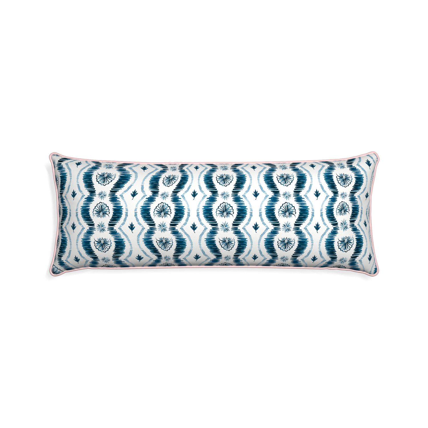 Xl-lumbar alice custom blue ikatpillow with petal piping on white background