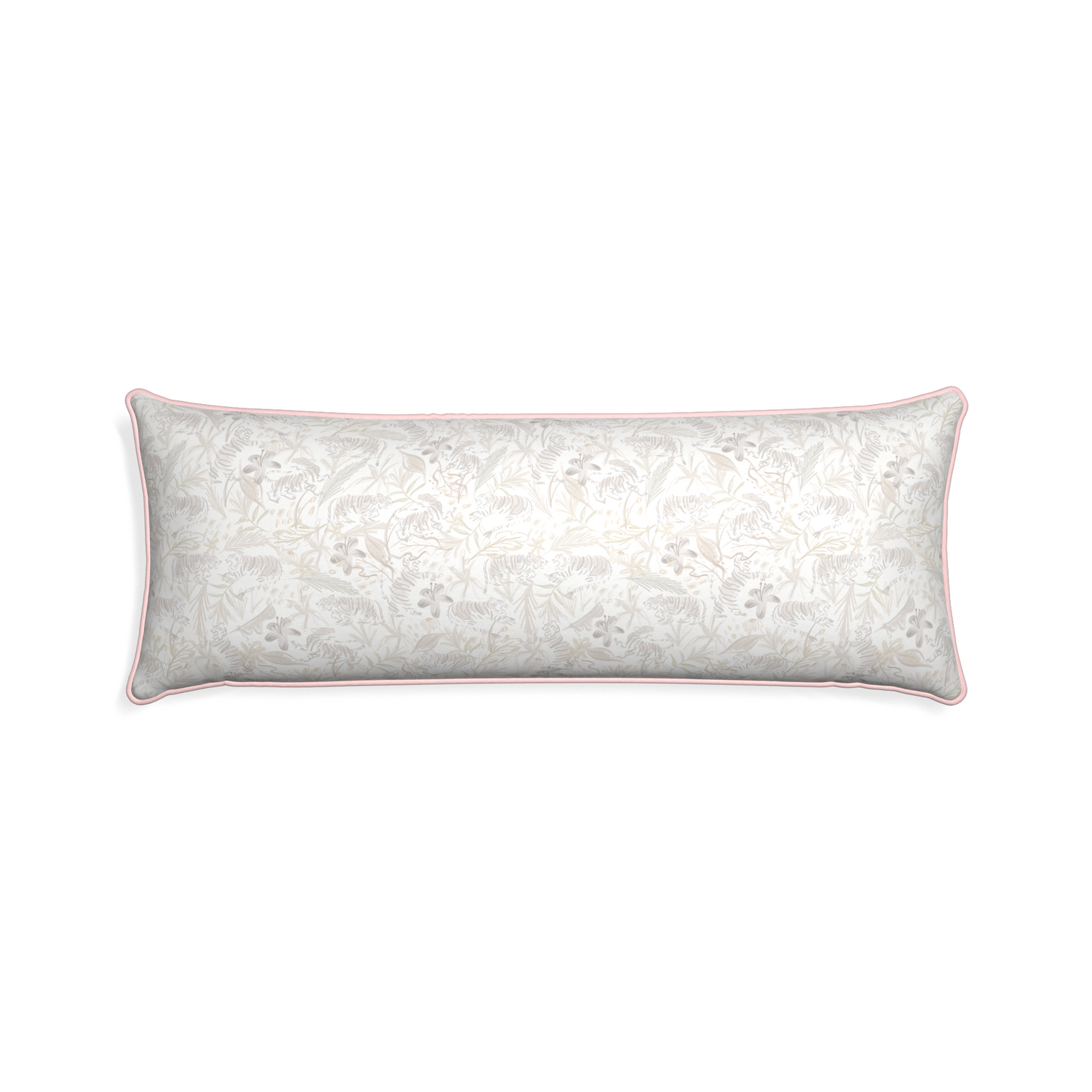 Xl-lumbar frida sand custom beige chinoiserie tigerpillow with petal piping on white background