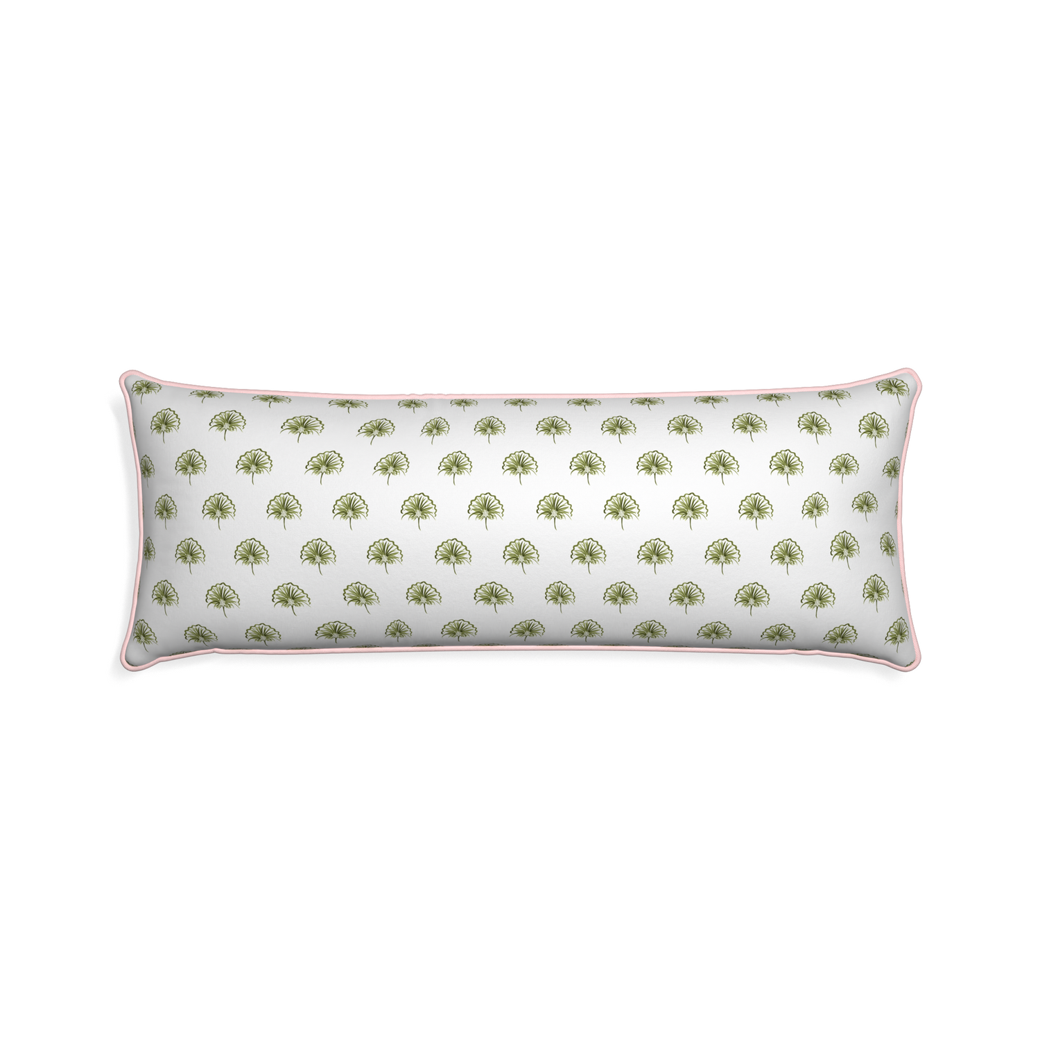 Xl-lumbar penelope moss custom green floralpillow with petal piping on white background