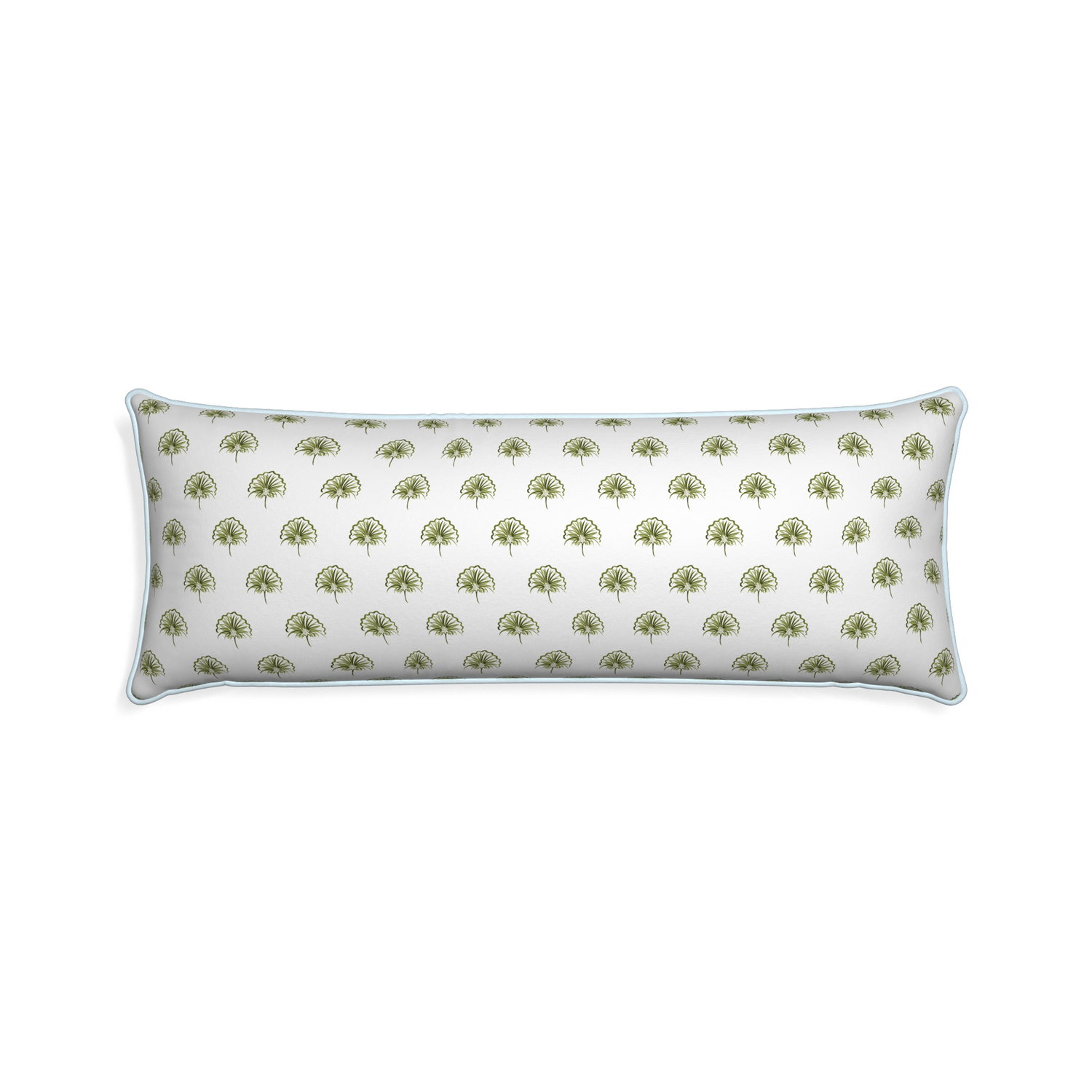 Xl-lumbar penelope moss custom green floralpillow with powder piping on white background
