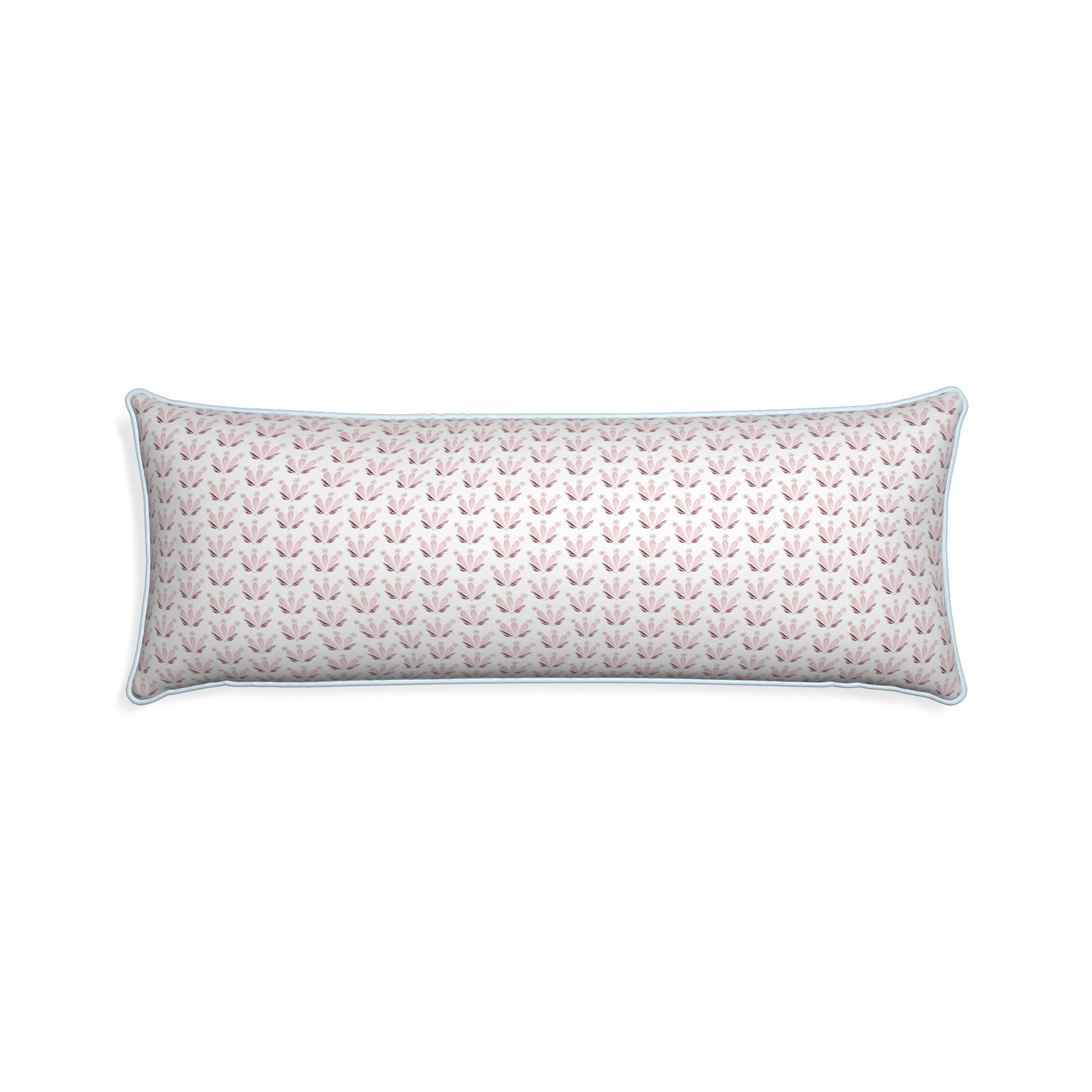 Xl-lumbar serena pink custom pink & burgundy drop repeat floralpillow with powder piping on white background