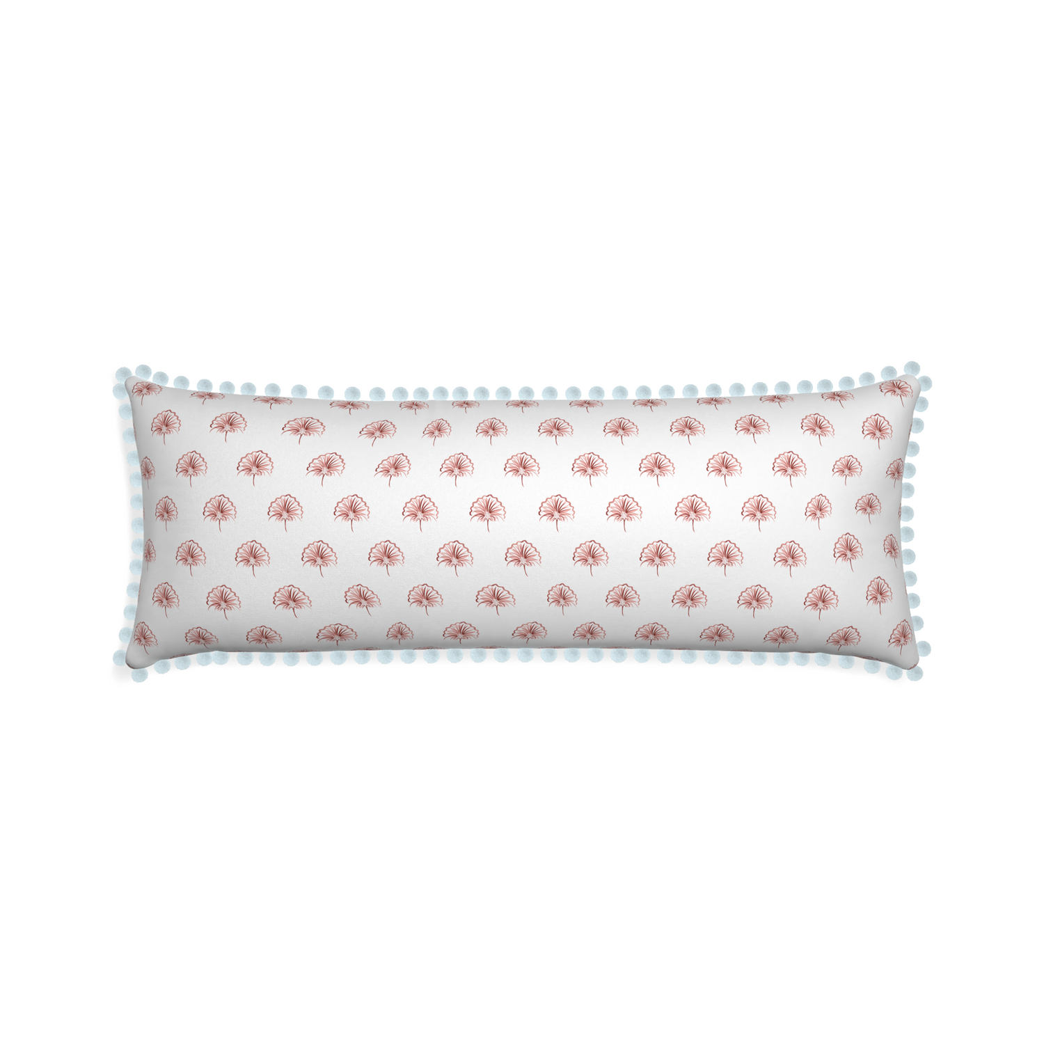 Xl-lumbar penelope rose custom floral pinkpillow with powder pom pom on white background