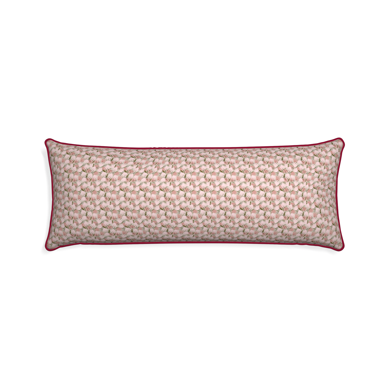 Xl-lumbar eden pink custom pink floralpillow with raspberry piping on white background