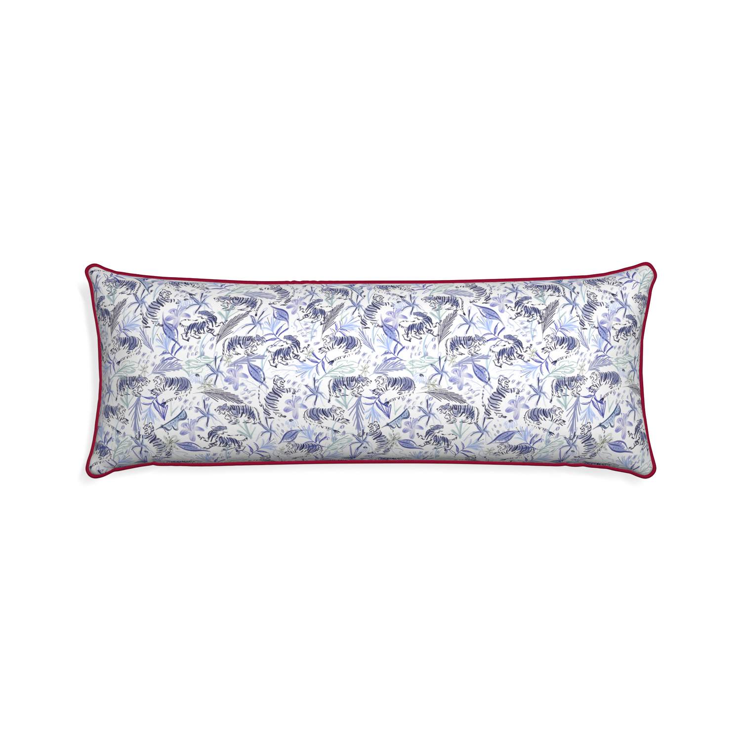 Xl-lumbar frida blue custom blue with intricate tiger designpillow with raspberry piping on white background