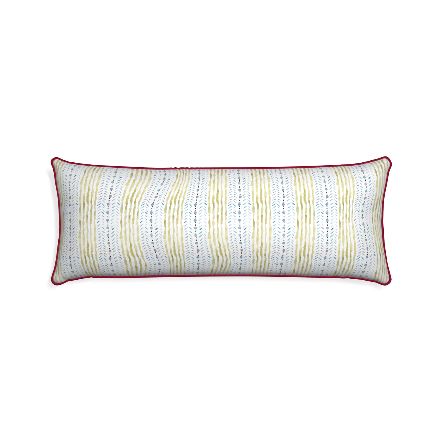 Xl-lumbar julia custom blue & green stripedpillow with raspberry piping on white background