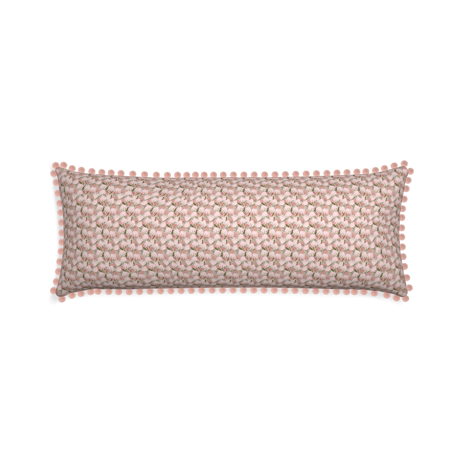 Xl-lumbar eden pink custom pink floralpillow with rose pom pom on white background