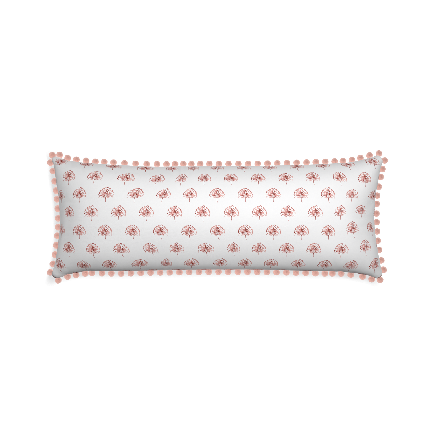 Xl-lumbar penelope rose custom floral pinkpillow with rose pom pom on white background