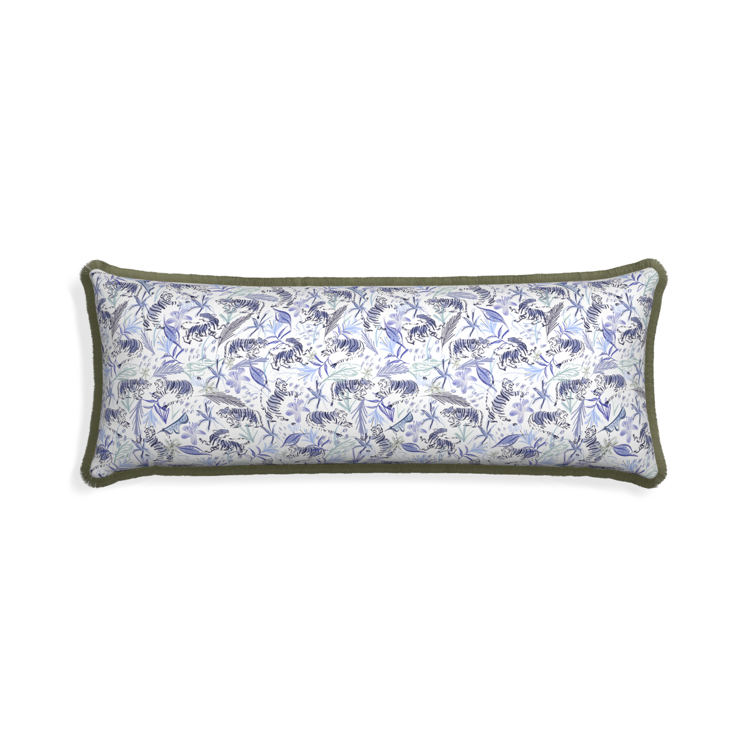 Xl-lumbar frida blue custom blue with intricate tiger designpillow with sage fringe on white background