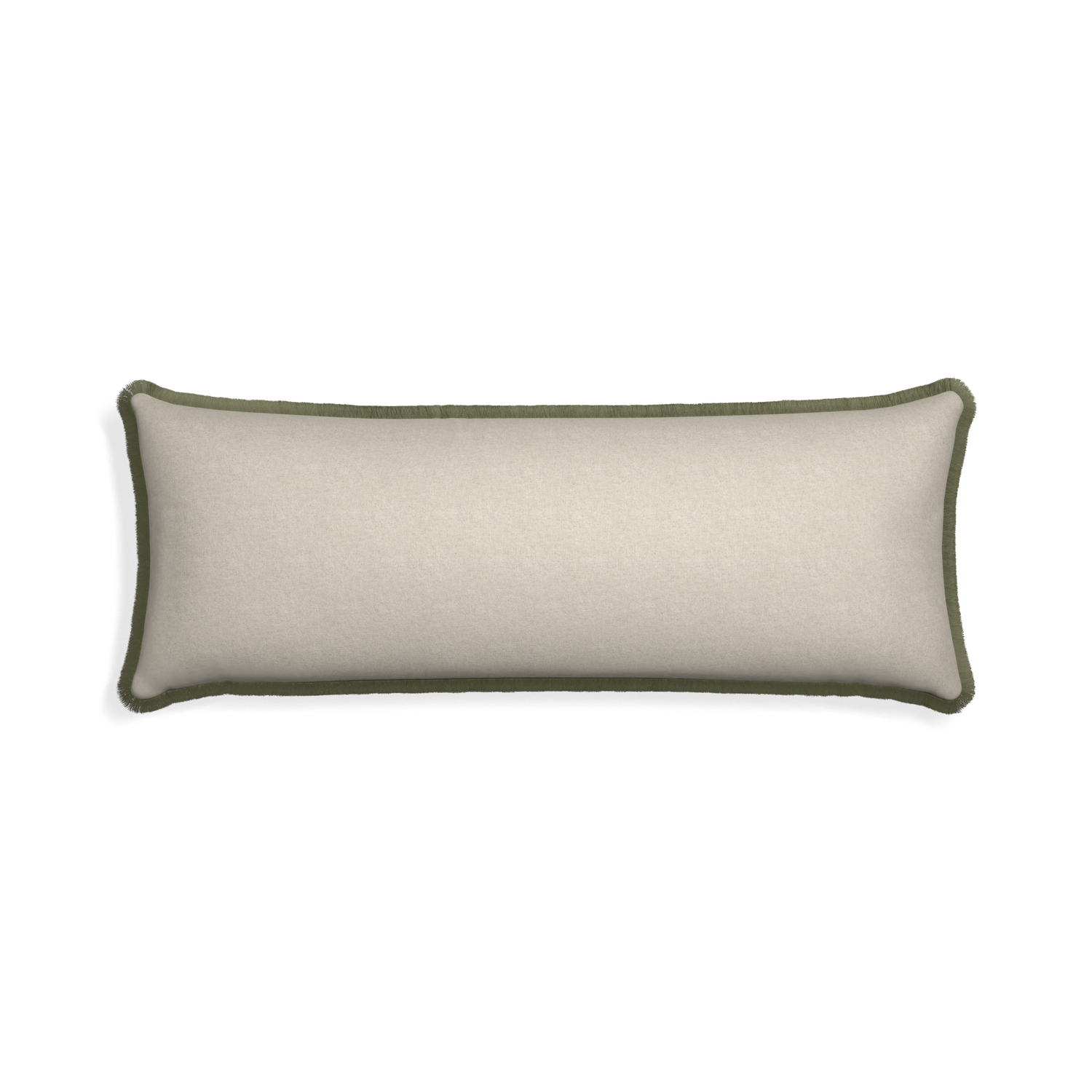 Xl-lumbar oat custom light brownpillow with sage fringe on white background